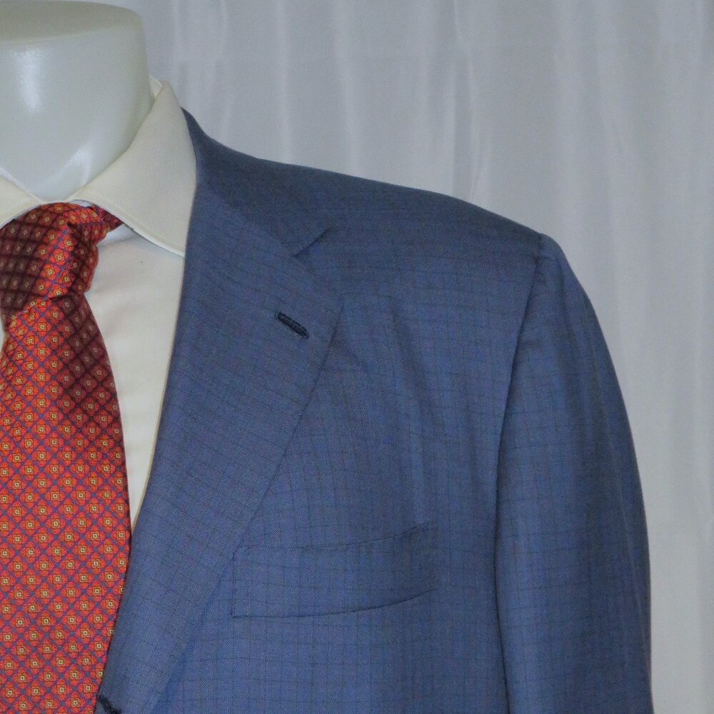 Kiton 14 Micron Mod Ego Blue Plaid Handmade Current Three Roll Two Suit 48R